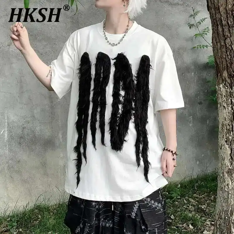 

HKSH Spring Summer New Men Tide Korean Fashion Chic T-shirt High Street 3D Spliced Color Contrast Women Tees Elegant Ins HK3794