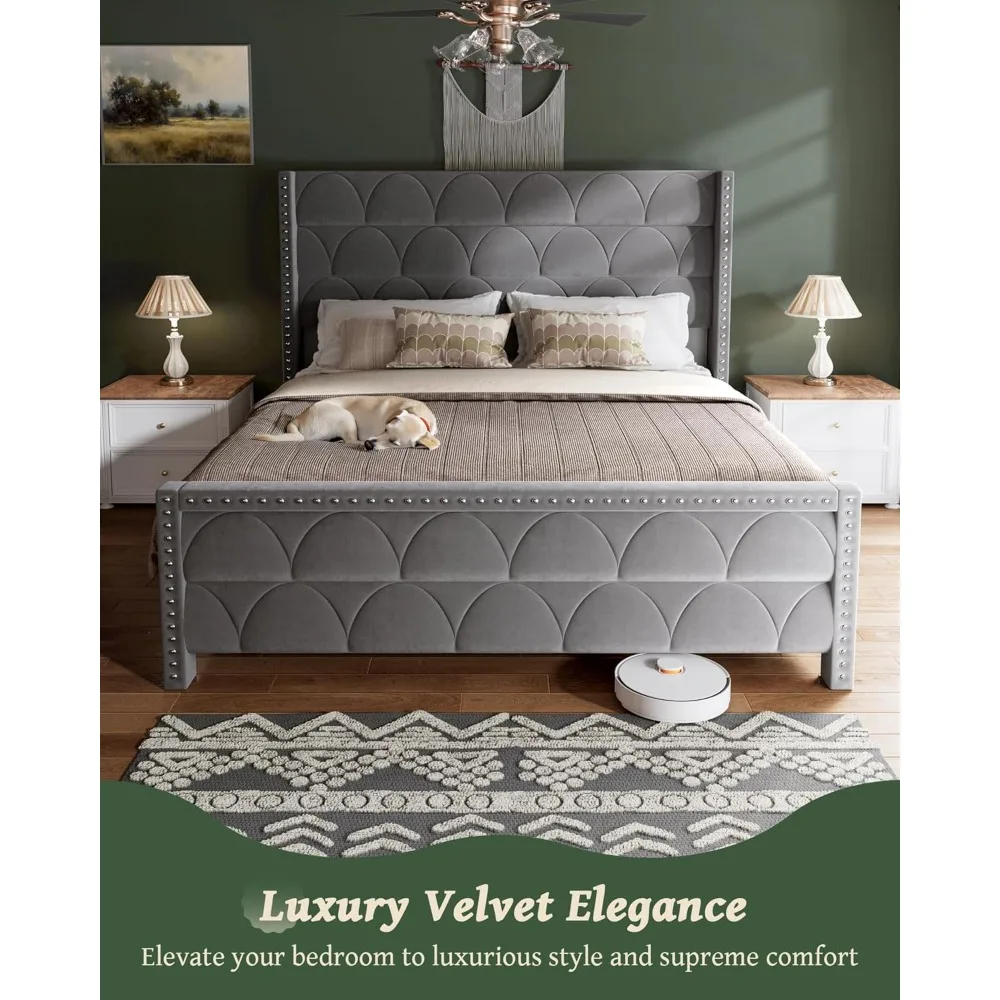 إطار سرير بحجم كينج مع لوح رأسي مقاس 56 بوصة - دعم سعة 1000 رطل، إطار سرير بمنصة جناح منجدة مخملية، خالي من الضوضاء، S