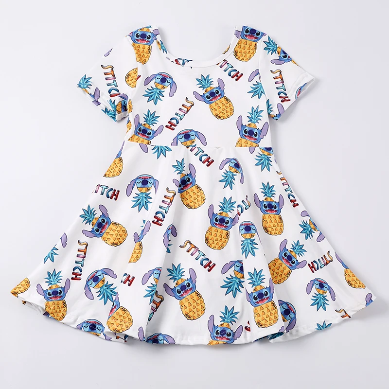 

Girls Disney Summer Short Sleeve Milk Silk Twirl Dress Catroon Stitch Pineapple Printed Toddlers Casual Clothing 1-8Y