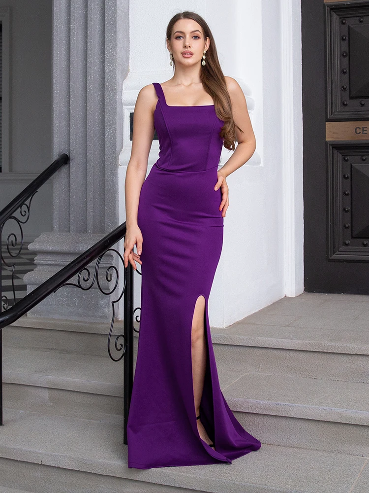 

Purple Sleeveless Stretch Party Maxi Dress Square Collar Front Split Bodycon Evening Night Dress