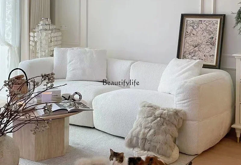 

Big white sofa French cream style retro simple straight row high-end fabric sofa