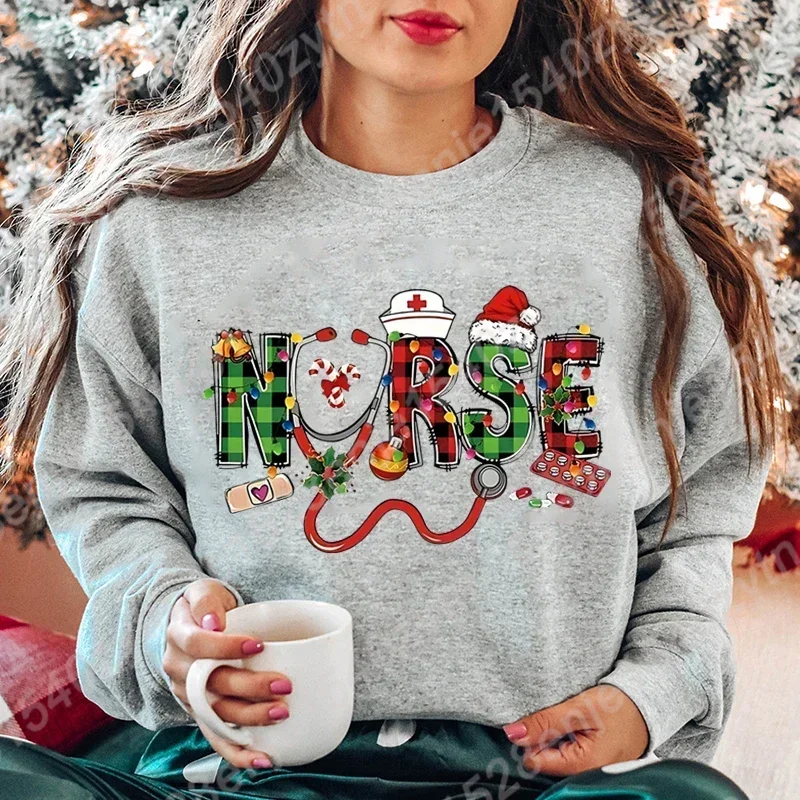 

Festive Nurse Print Sweatshirts, Comfortable Crew Neck Long Sleeve Pullovers Tops for Women, Christmas Sweatshirt