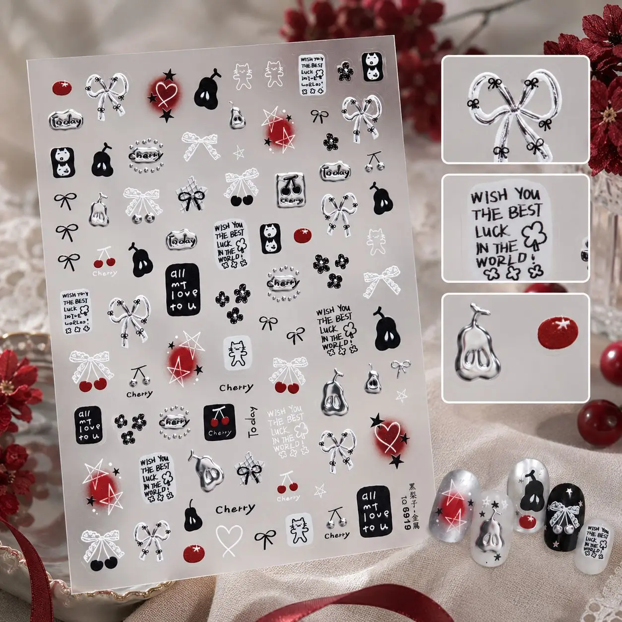 Red Black Pear Cherry Cute Cat Love Heart Four Star 5D Nail Art Stickers Silver Edge Bowknot Decal Self Adhesive Manicure Decor