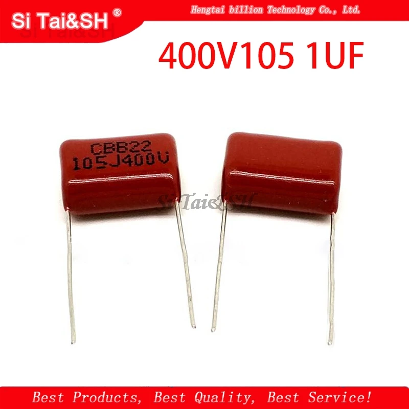 Capacitor de filme de polipropileno CBB, 400V 105, 1UF, 20mm, 1000NF, 400V, 10pcs