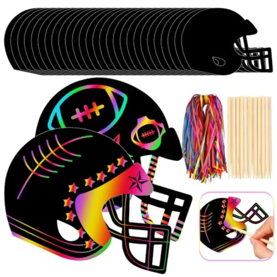 64 Pcs Football Scratch Paper Crafts Kit Rainbow Football Helmet Scratch Cards Ornaments with Wooden Stylus and Ribbons for Cra