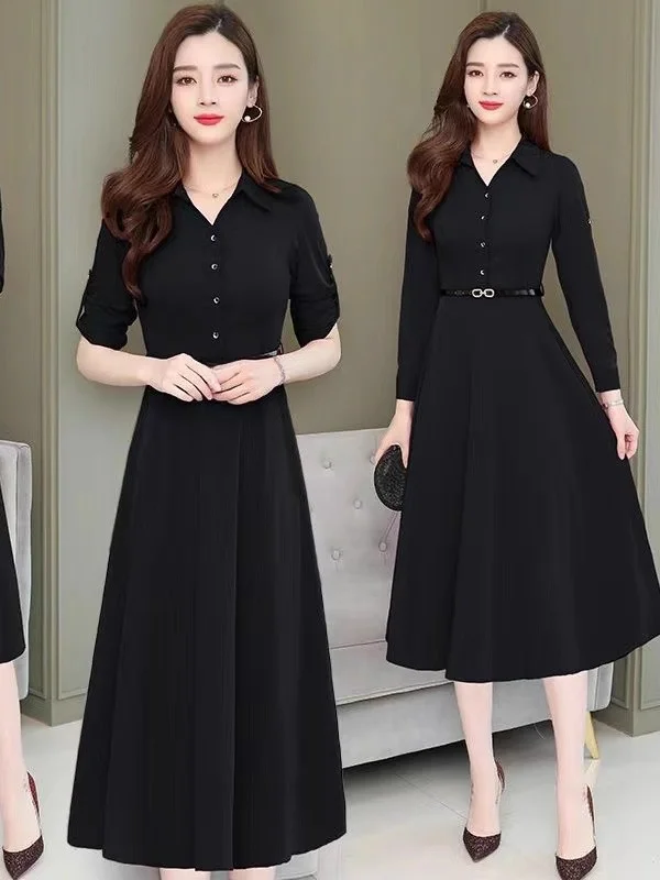 

plus Size Simple Knee-Length Dr Thinming Overbust Sle for Plump Women Autumn New Sle Thin Material Meat Concealing Sli...