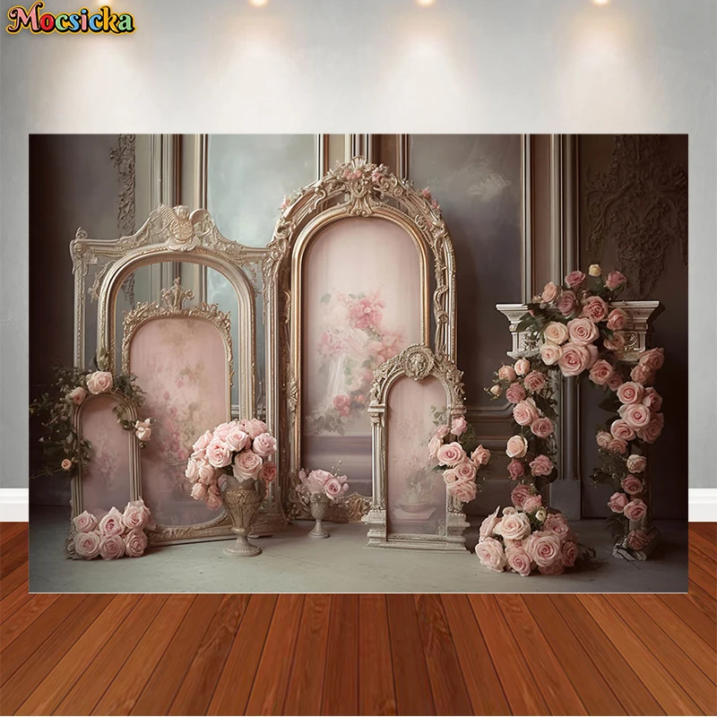 Mocsicka-parede do fundo da fotografia, suportes feitos sob encomenda, flores cor-de-rosa, partido do casamento, quebra do bolo, miúdos, Audlt, retratos familiares