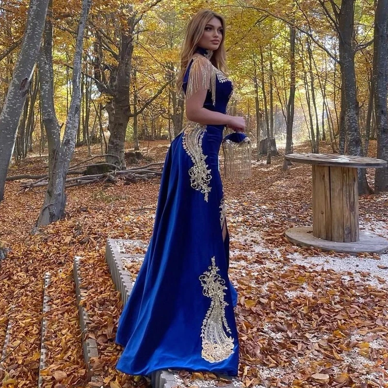 Vestidos de Noche de terciopelo azul real para mujer, caftán Abaya de Dubái, vestido de fiesta con apliques de encaje, vestidos de graduación, tren desmontable, caftán Islámico