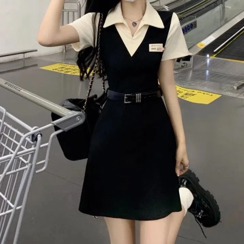 Women's Summer Preppy Style Sweet Polo Collar Short Sleeve Waist Retraction Epaulet Splicing Contrast Color Fake Two Piece Dress