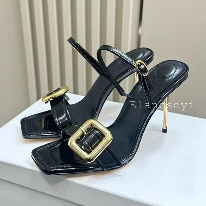 Summer Genuine Leather Metal Buckle Open Toe Sandals Women Solid Color Back Strap Slim Heel Sandalia Party Banquet Dress Shoes