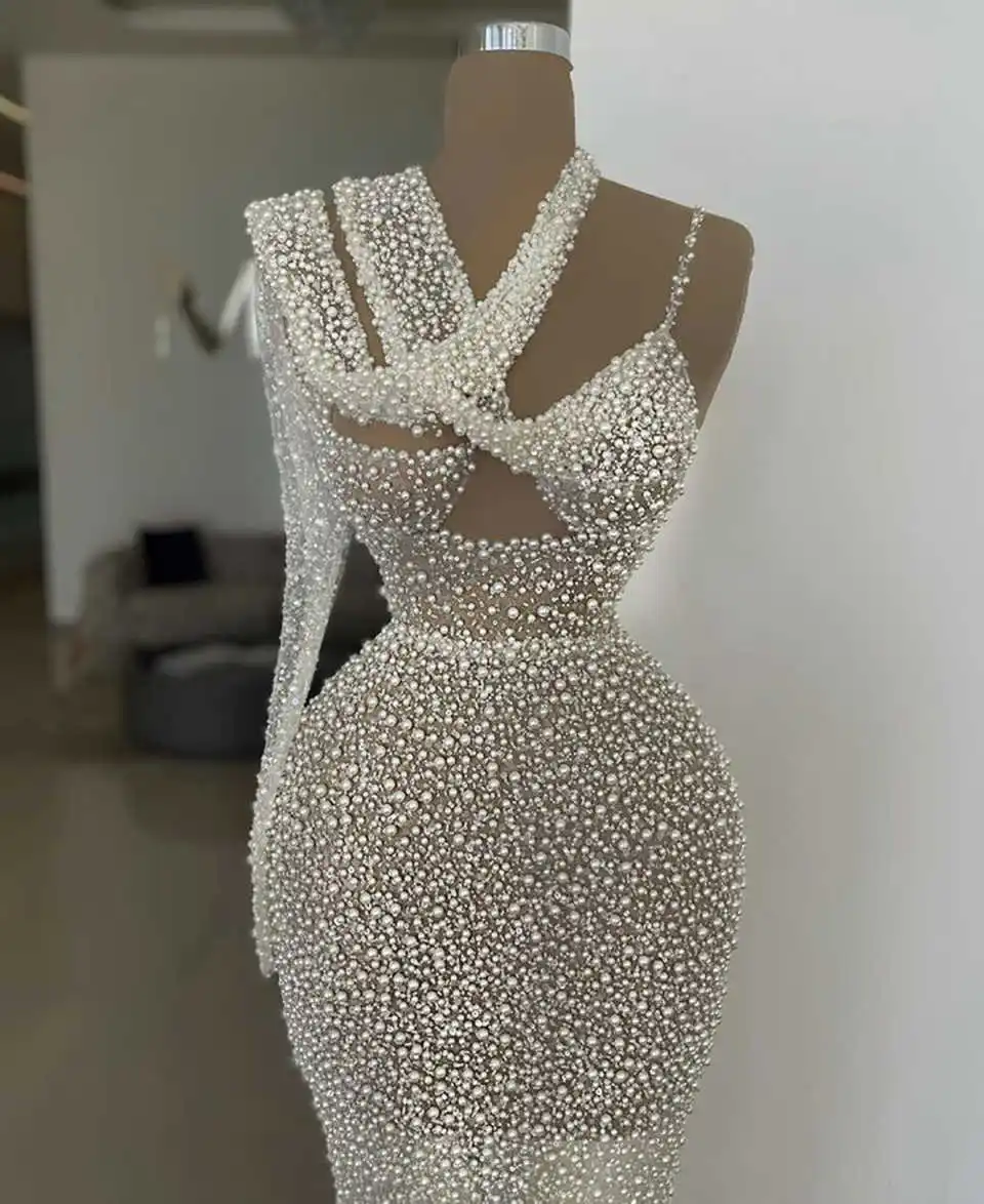 Graceful Prom Dress Mermaid Evening Dress One Shoulder Full Beads Floor-Length Full Pearls Plus Size Formal Occasion Customized