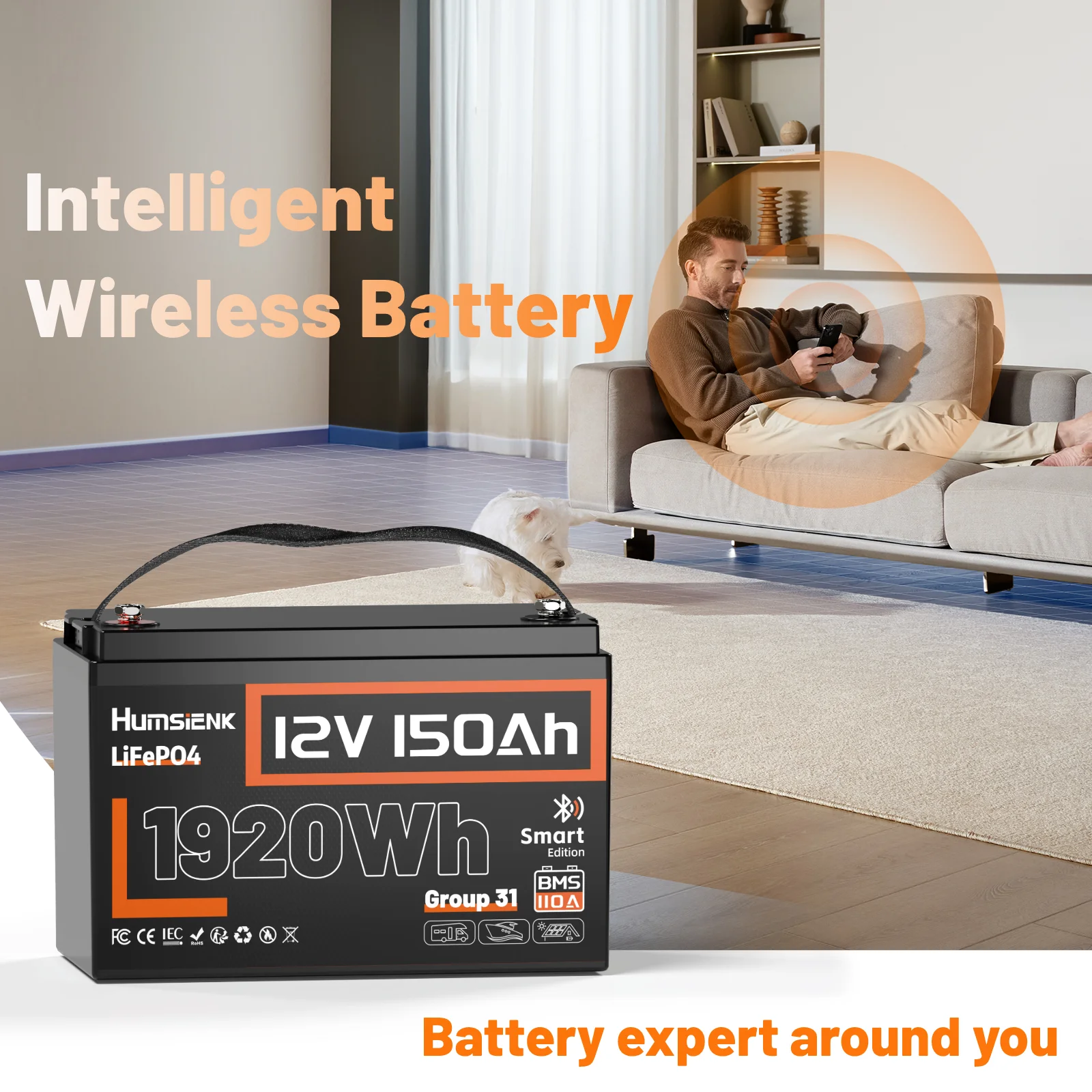 بطارية Humsienk 12 فولت 150 أمبير LiFePO4 بطارية ليثيوم 1920 وات في الساعة مع تحسين 110 أمبير BMS 15000 دورات للعاكس والمنزل المتنقل والتخييم والمركبات الترفيهية