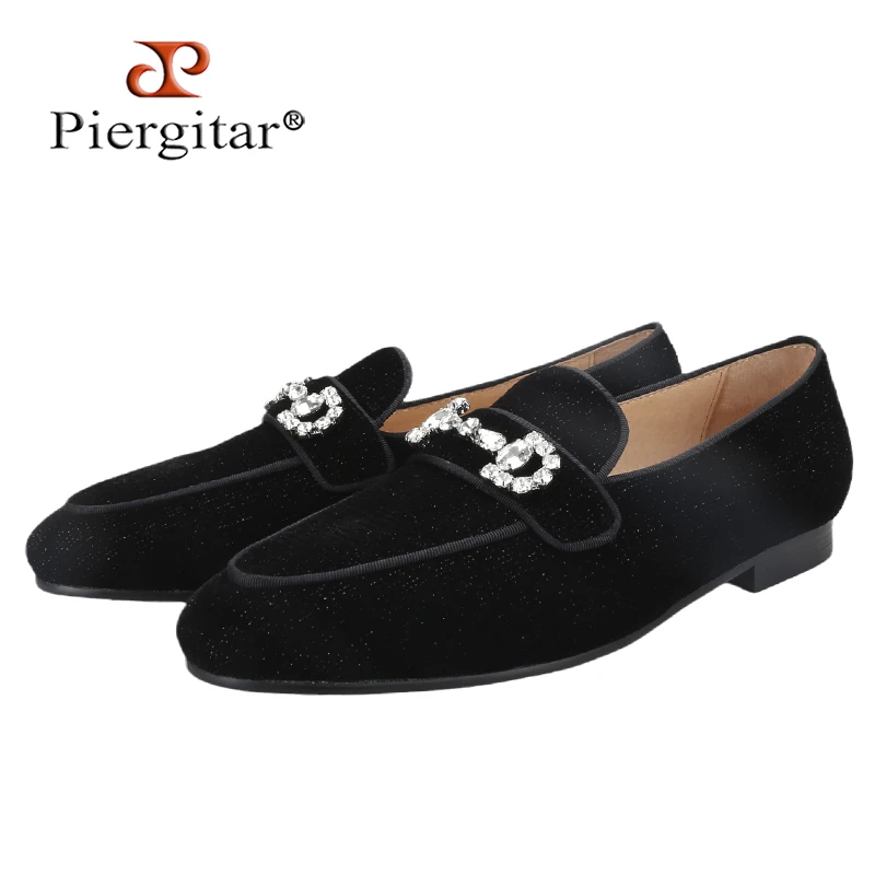 Piergitar Shiny Black Velvet Slippers With Horsebit Embellishments Made Of Crystal Rhinestones Wedding And Party Men's Loafers