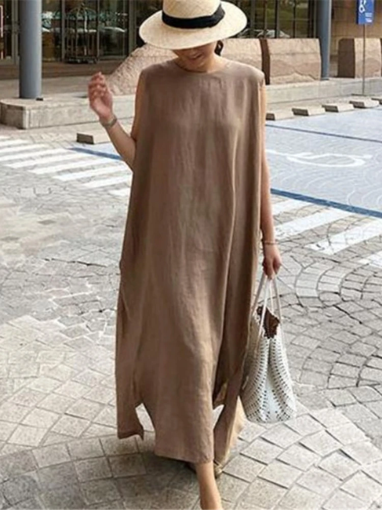 

Summer Dresses for Women 2023 Solid Loose Vest Round Neck Sleeveless Slit Long Dresses New In Dresses Women Clothing Streetwear