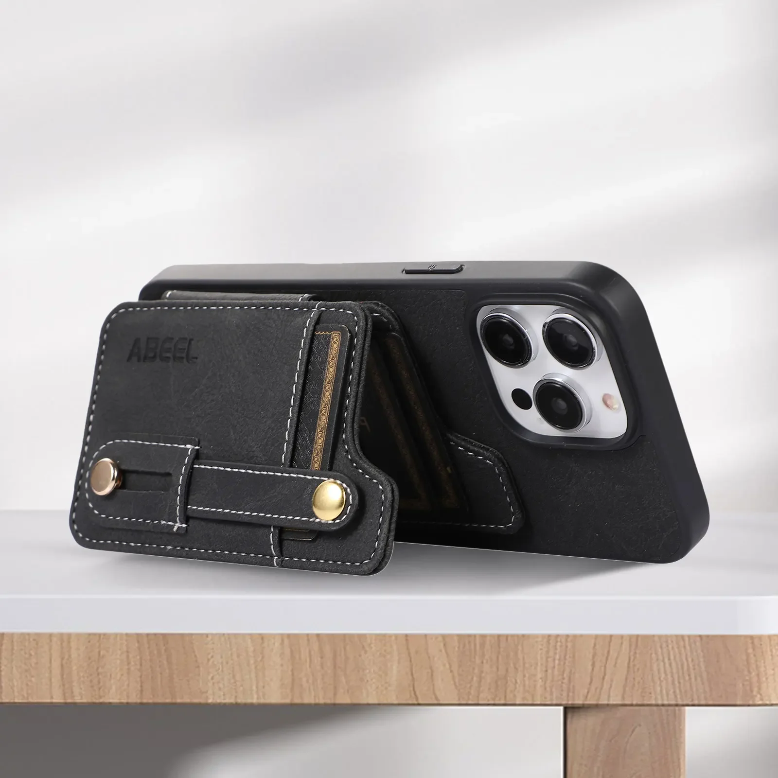 ABEEL ADJUSTABLE WRISTBAND GRIP CARD BAG CASE FOR IPHONE 15 PRO MAX  11 12 13 PRO 14 PLUS FANTASY LITCHI PATTERN LEATHER CASE