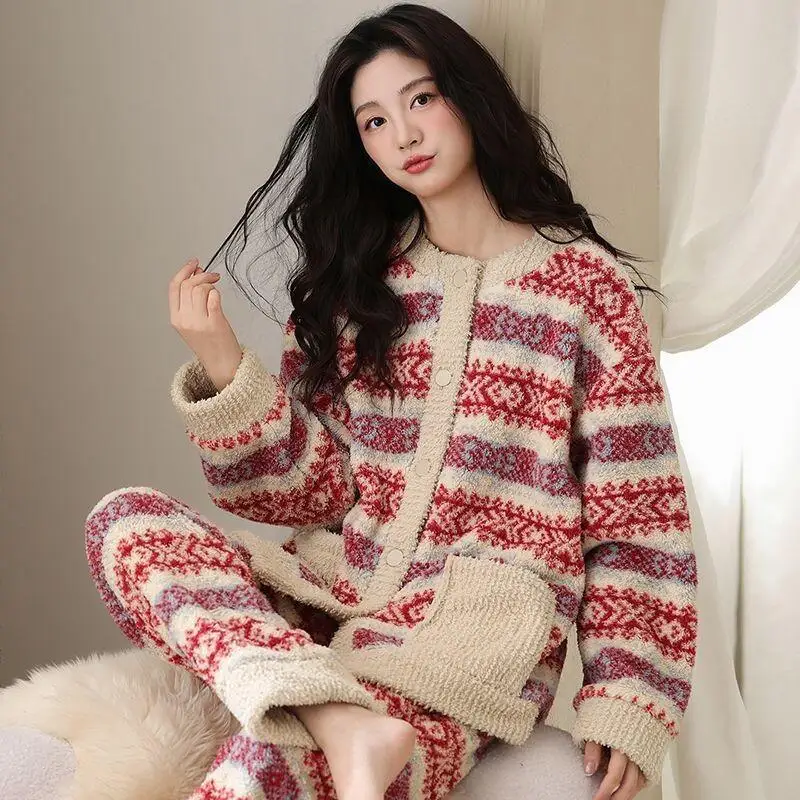 

Fel Island High Weight New Nightwear Women's Winter Coral Velvet Thickened Home Clothes Warm Set Retro Style Pajama Trouser Sets