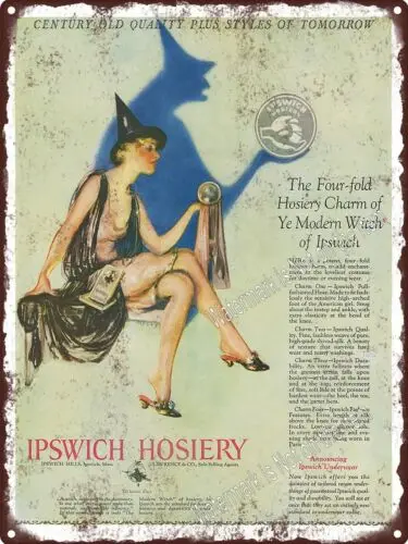 1927 IPSWICH Hosiery Lingerie Stockings Witch Halloween Metal Sign 9x12