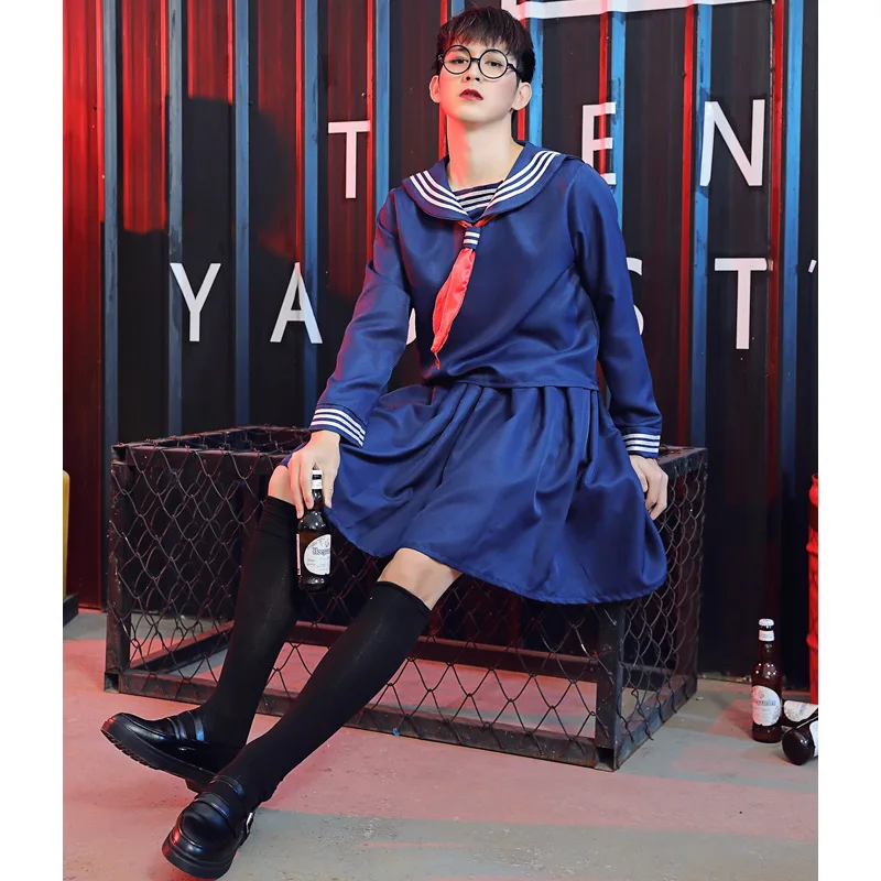 Male Japanese School Uniform JK Suit Navy Blue Sailor Shirt Boy Girls Tops Skirt Set Bad Girl Summer Dress Cosplay Costumes