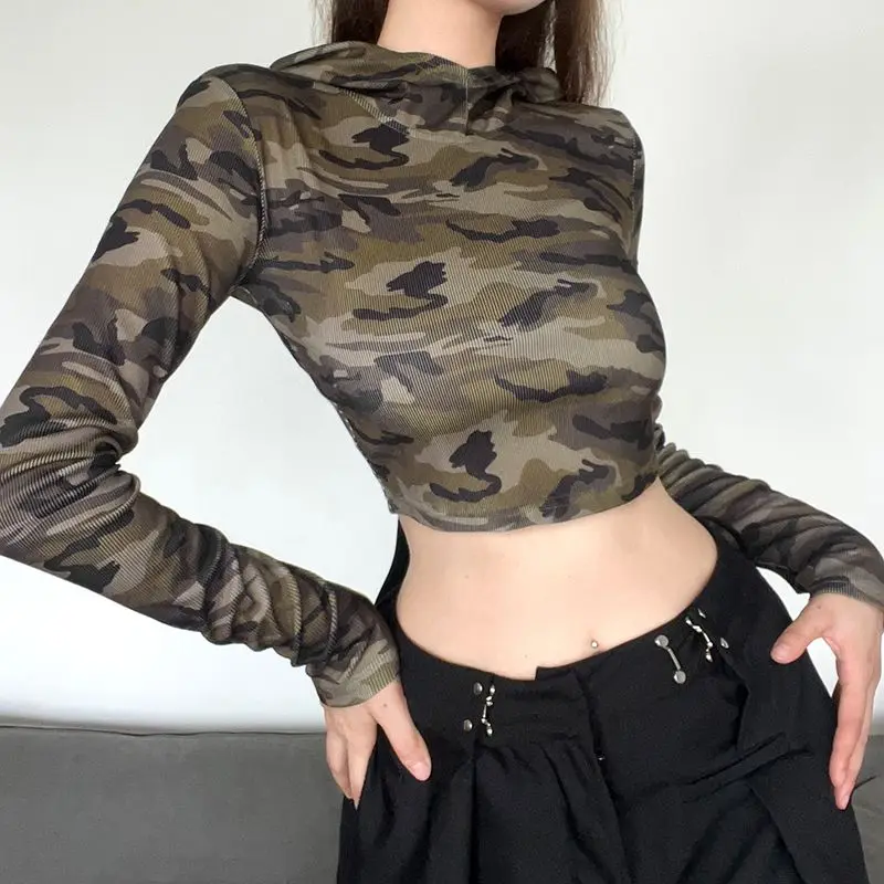 Streetwear Cool Female Agent Hooded T-shirt Back Hollow Camouflage Long Sleeve T-shirt Women Slim Short Hooded Cardigan Tops