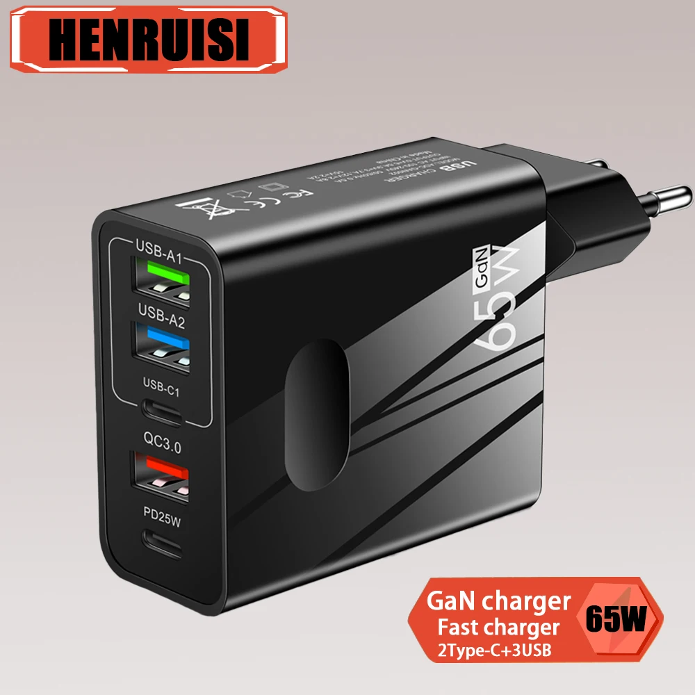 65W 5 Ports GaN USB Charger Type C Fast Charging For iPhone Xiaomi Samsung Huawei Quick Charge 3.0 Multi Port Phone Wall Charger