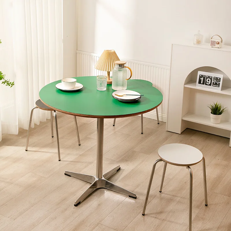 Dining table green stainless steel dining table round table ins wind solid wood multi-layer