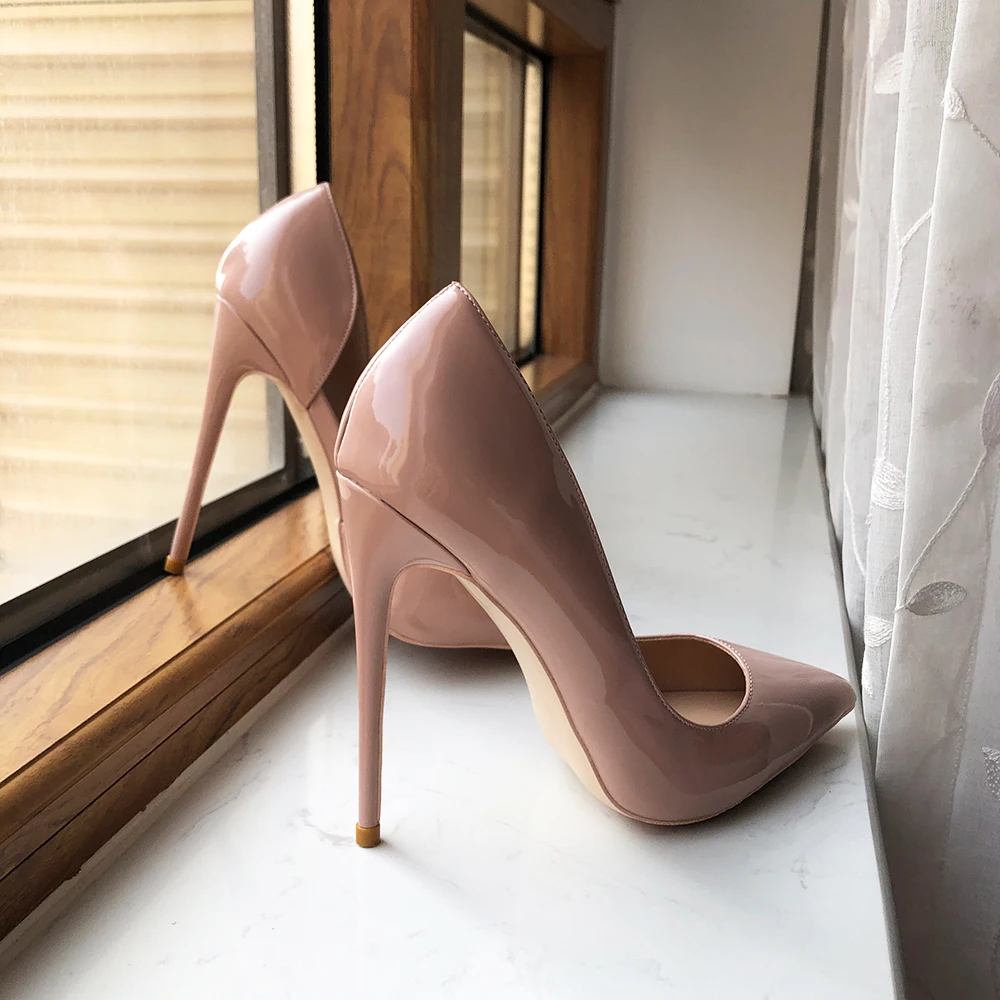 Tikicup 12cm 10cm 8cm High Heel Women Nude Patent D\'Orsay Pointy Toe Stiletto Pumps Elegant Office Dress Shoes Color Customize