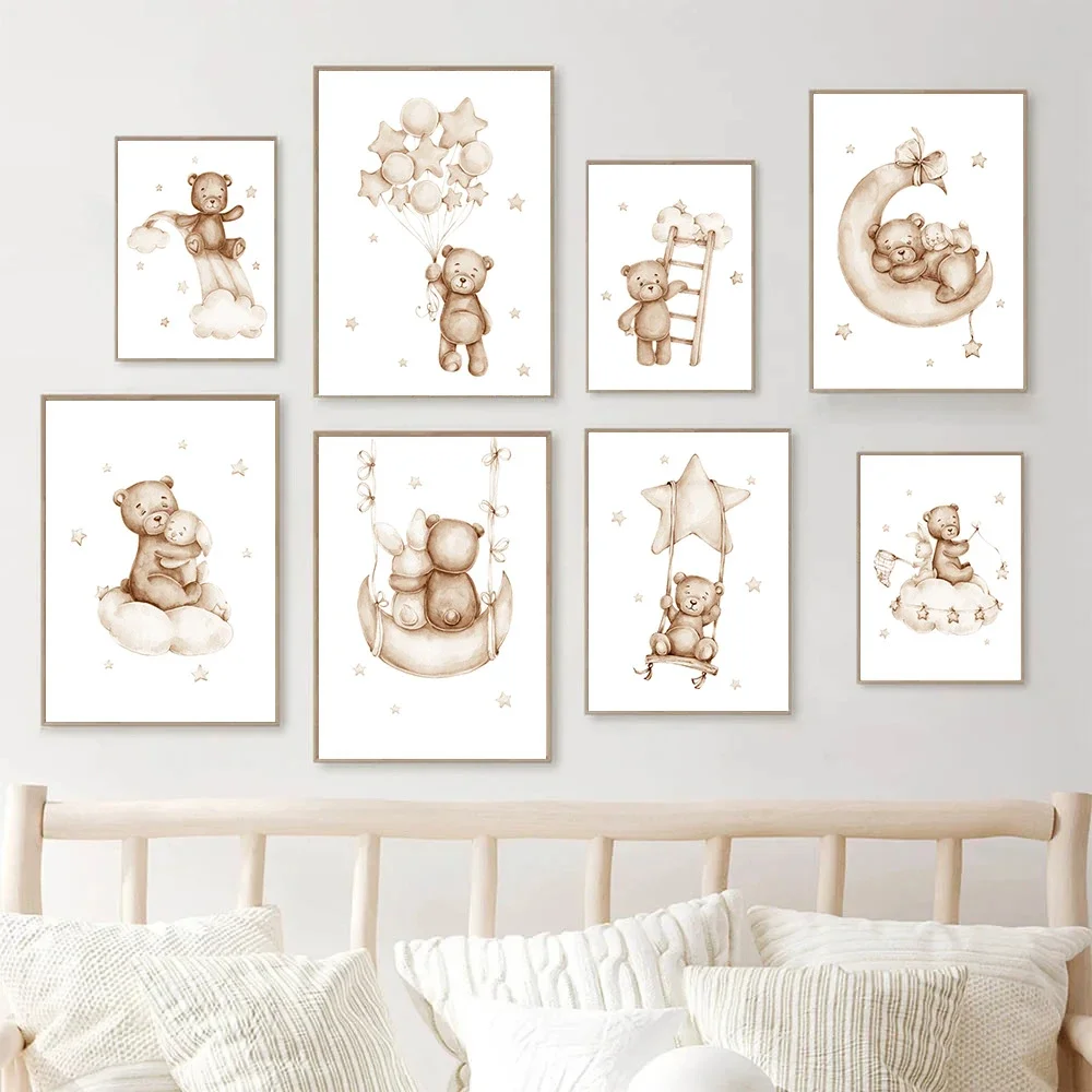 Cartoon Rabbit Bear Canvas Painting Star Cloud Moon Posters and Prints Nursery Wall Art Nordic Print Pictures Kids Room Decor