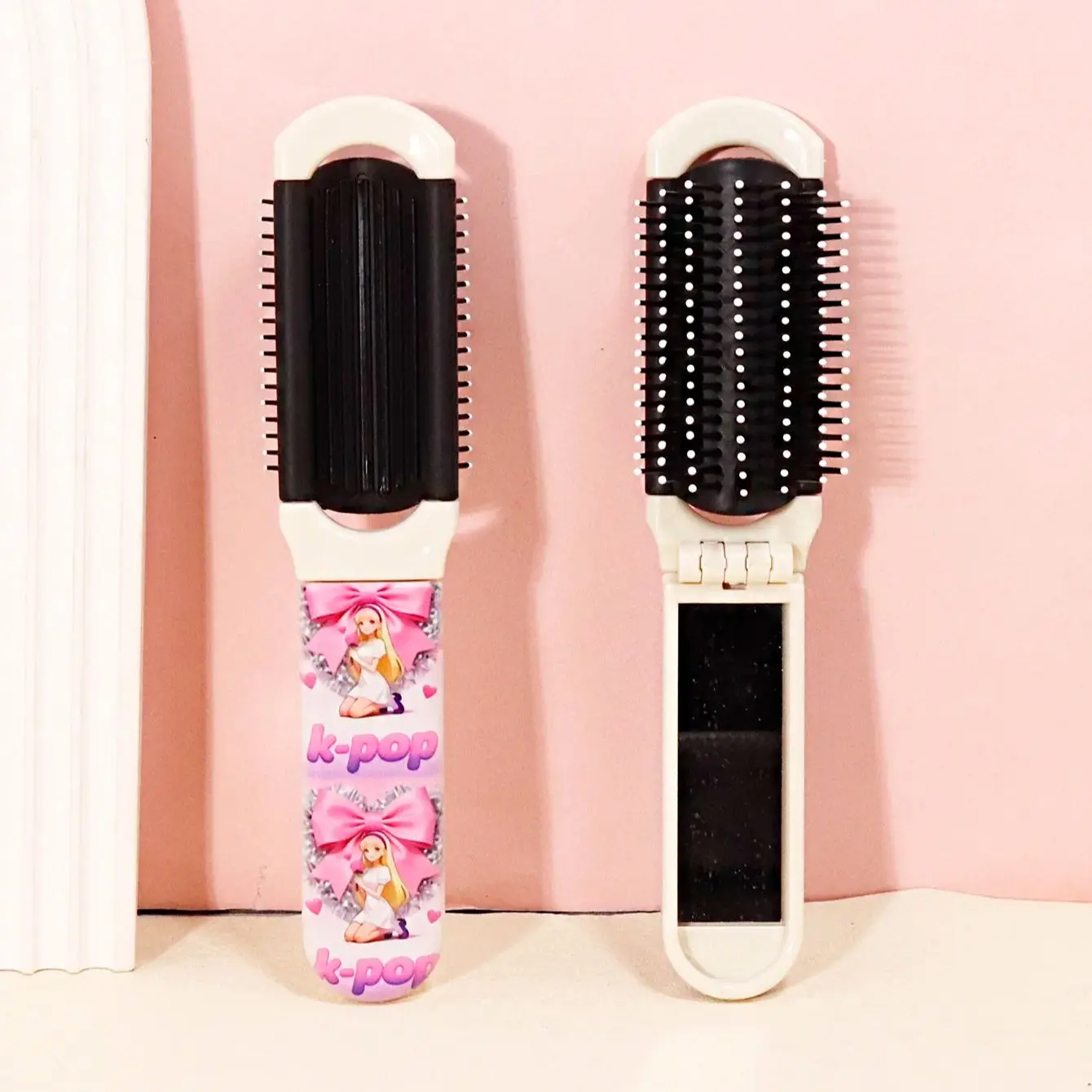 Kpop anime mulher padrão dobrável espelho pente, mini almofada de ar massagem pente, presente para fãs kpop, especial para perucas de cabelo real