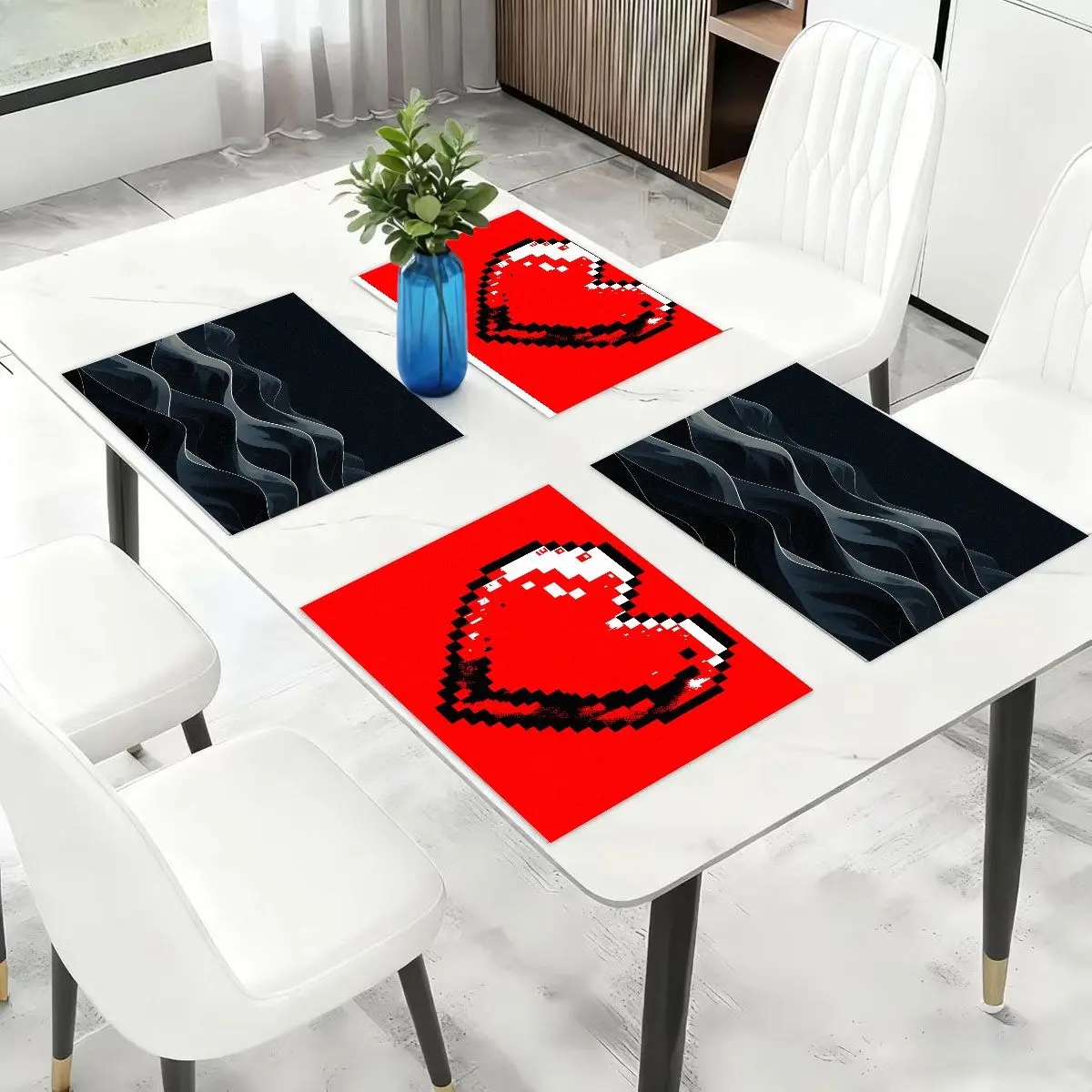 Manteles Individuales de poliéster con estampado digital de corazón rojo de estilo minimalista moderno (45 × 30 cm), juego de 4/6 piezas para decoración del hogar/Hotel
