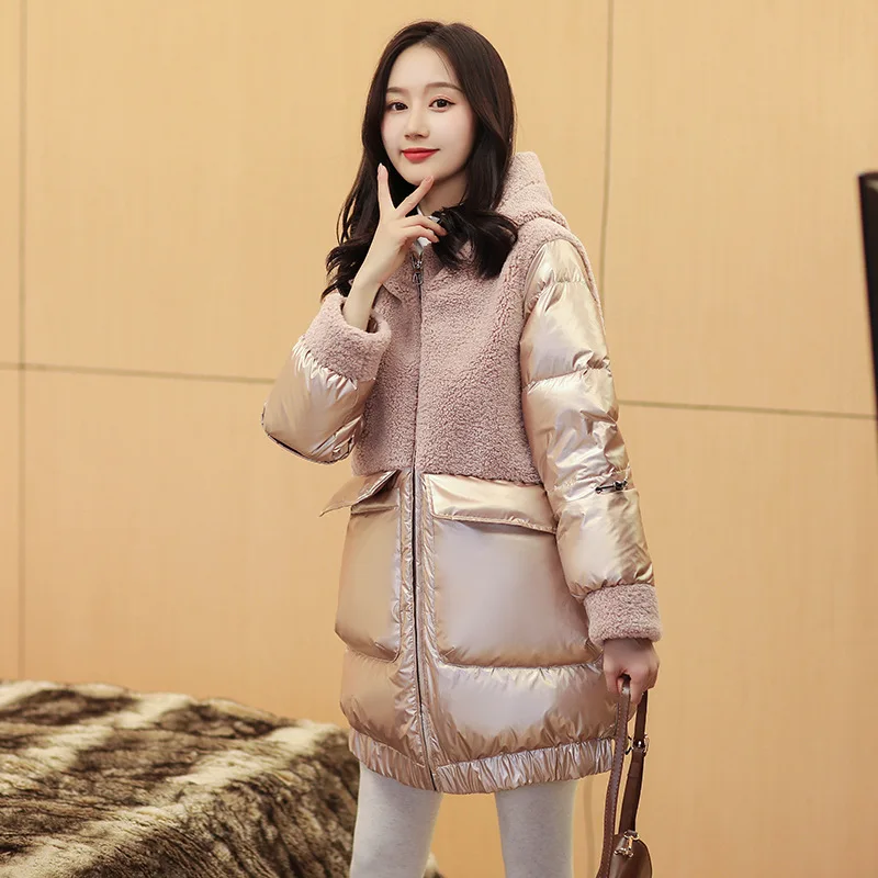 Winter New Women's Jackets Light Satin Lamb's Wool Splicing Down Jacket Women Medium-length Hooded White Duck Down Warm Overcoat