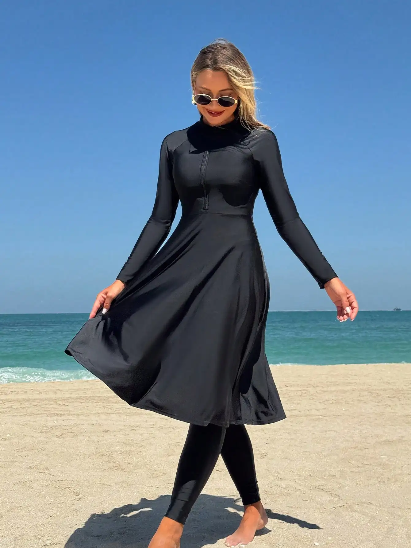 Elegant Black Women's Flesh-Covering Slimming Zipper Long-Sleeved Dress Pants Seaside Sun Protection Swimsuit Beach Suit - Image 5