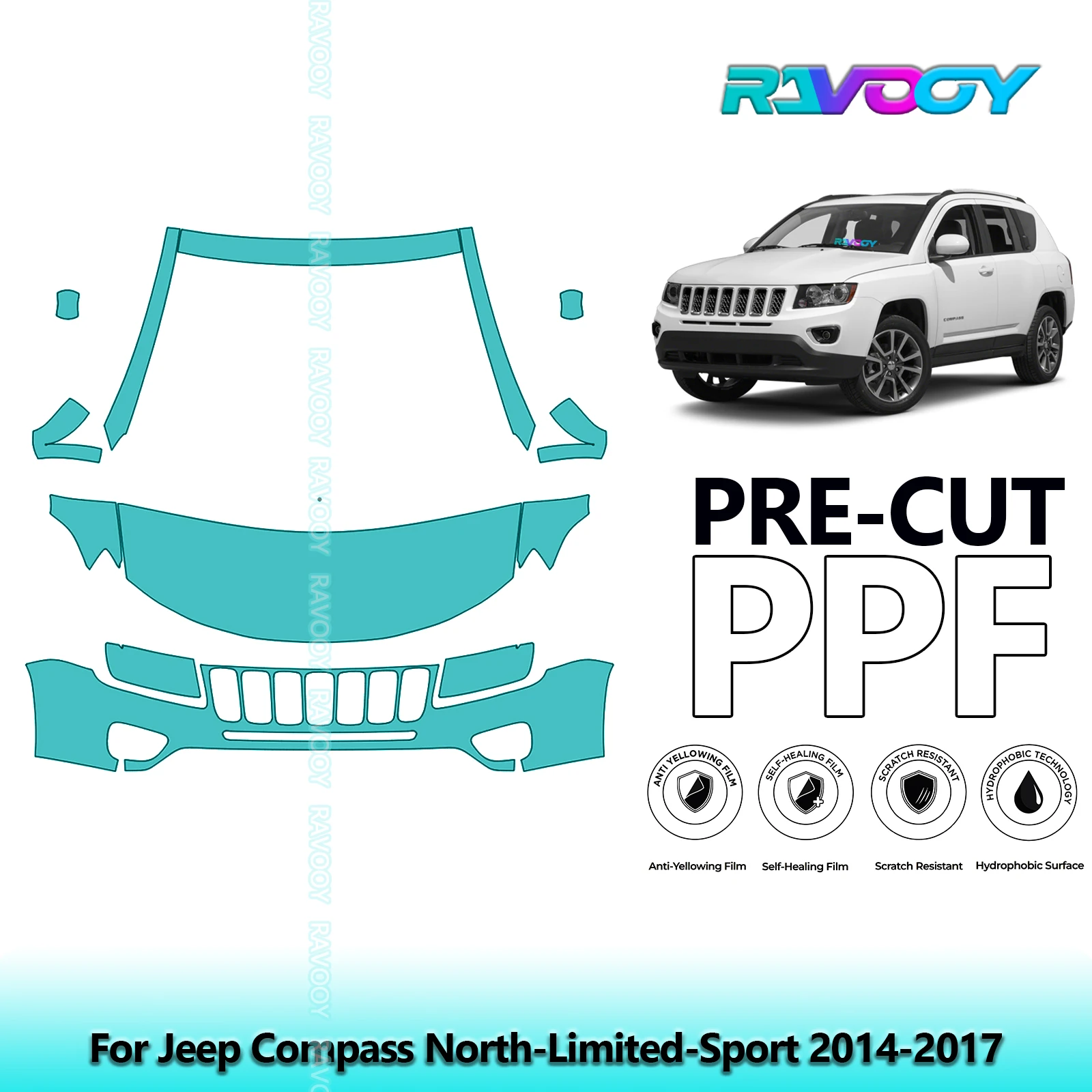 For Jeep Compass North-Limited-Sport 2014-2017 Partial Front Pre-Cut Paint Protection Film PPF Clear Bra Kit | Clear/Matte/Black