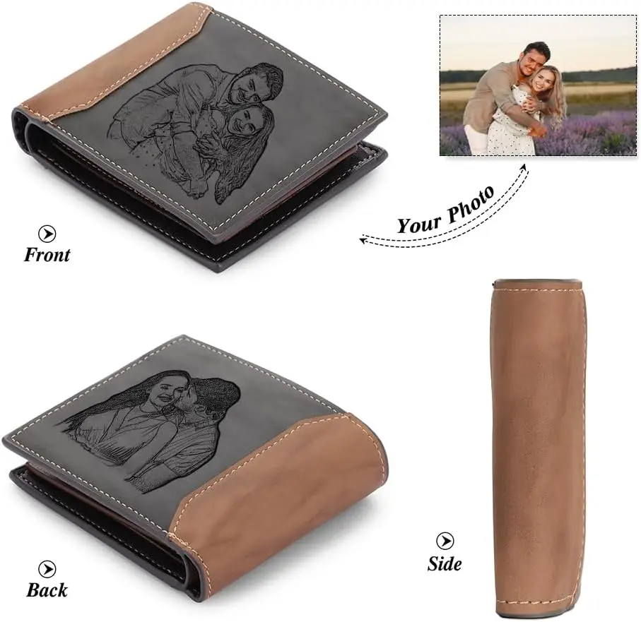 Personalized Two Photo Wallets Custom 2 Pictures Bi-fold Wallet for Men Father Dad Boyfriend Grandpa Birthday Gift