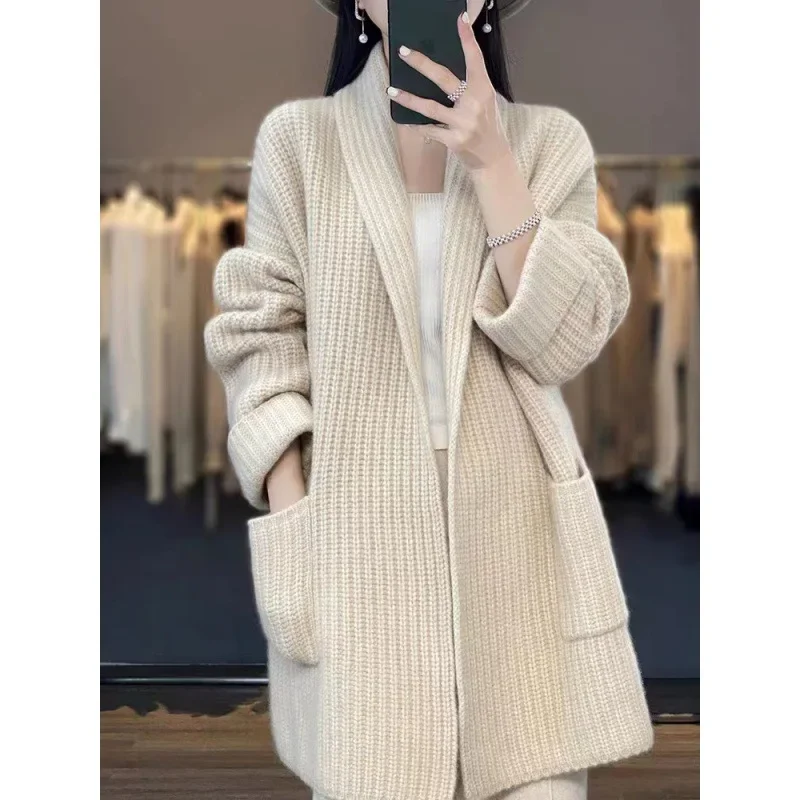 Sweater Jacket Women Cashmere Clothing Cardigan Middle Length Tops V-neck Woolen Sweater Loose Wool Knitted Coat Autumn Winter