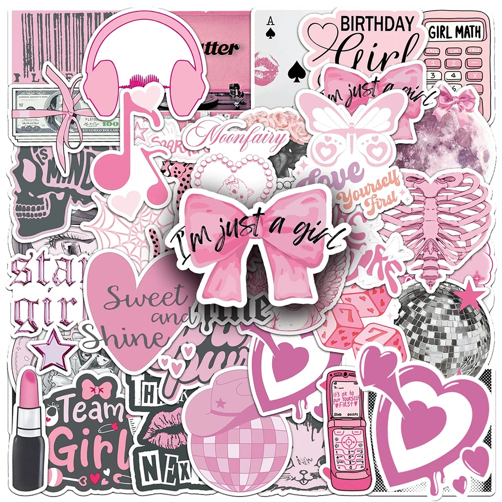10/30/50pcs Pink Cute Aesthetic Girl Cartoon Stickers INS Decals Decoration DIY Luggage Motorcycle Guitar Waterproof Sticker Toy - Image 2