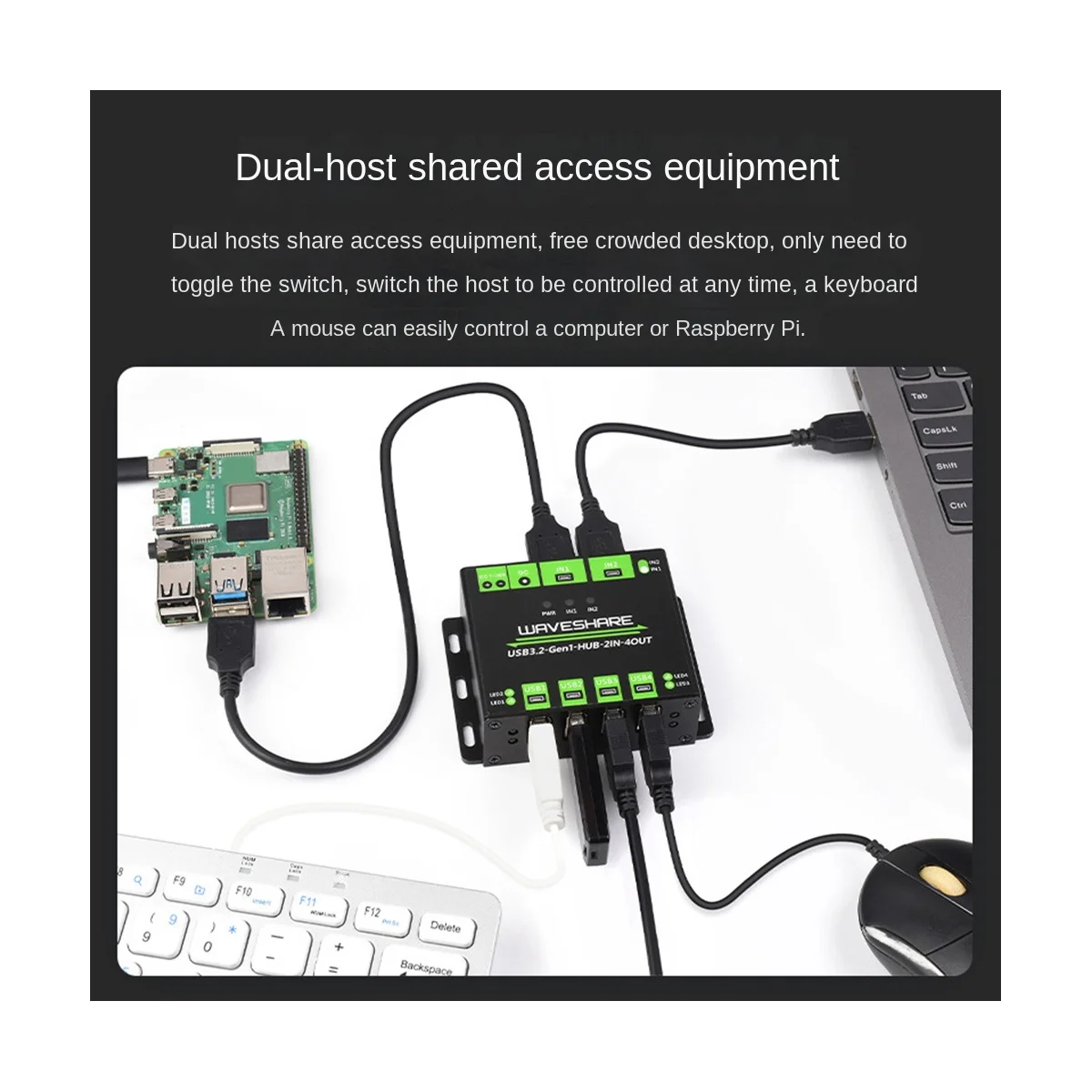 AT87-Waveshare Industrial 4-Way USB3.2 Gen 1 Hub 2IN-4OUT Dual Host Shared Random Switching Multiple Protection Circuit 5Gbps