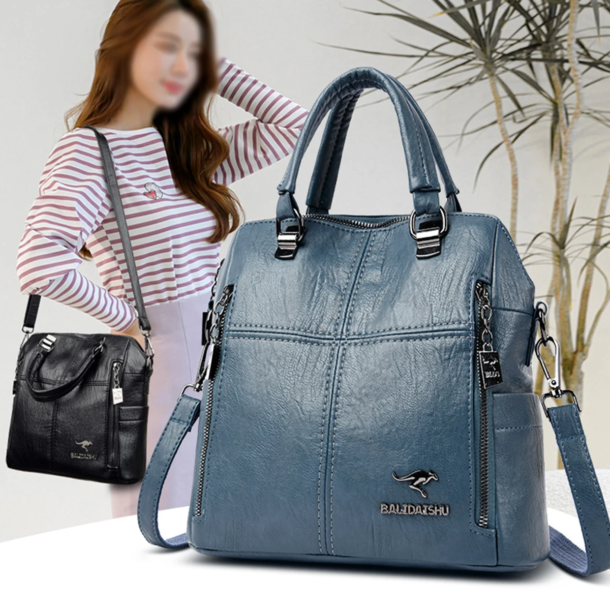 حقيبة ظهر كلاسيكية من البولي يوريثان للنساء - حقيبة كتف واسعة قابلة للتحويل مع شعار معدني وأشرطة قابلة للفصل للاستخدام اليومي حقيبة كروس #1