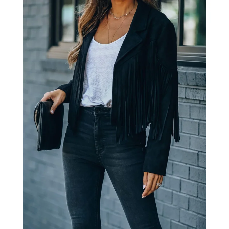 Fashion Winter Jacket Women Y2k Fringed Hem Tassel Cardigan Crop Topsr Jacket Suede Leather Jacket Vintage Streetwear Cool Coat