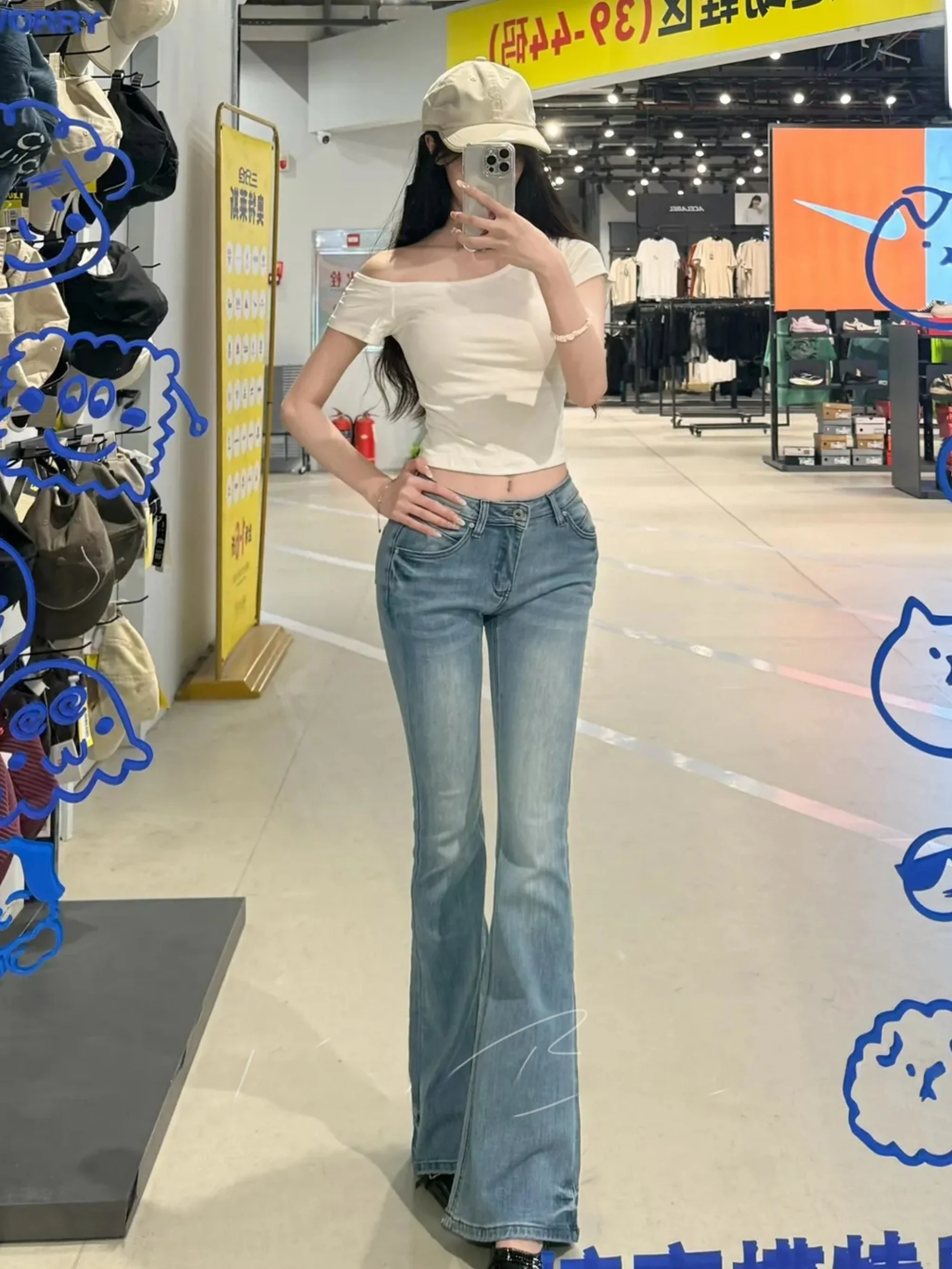Low-Waist Bell Bottom Jeans Women's Slimming Tight Floor-Length Cheek Enhancing Washed Denim American Hot Girl Style