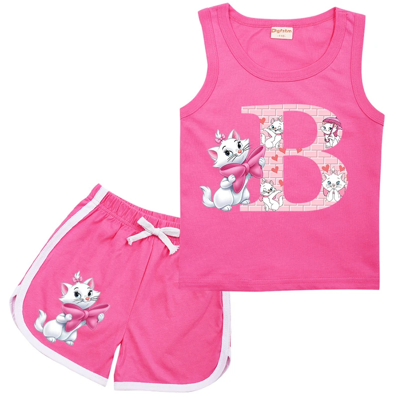 

New Disney Marie Cat Children Suit Letter ABCD Sports Black Clothes Casual Sleeveless Girl Boy Vest & Shorts 2Pcs Sets Kids Wear