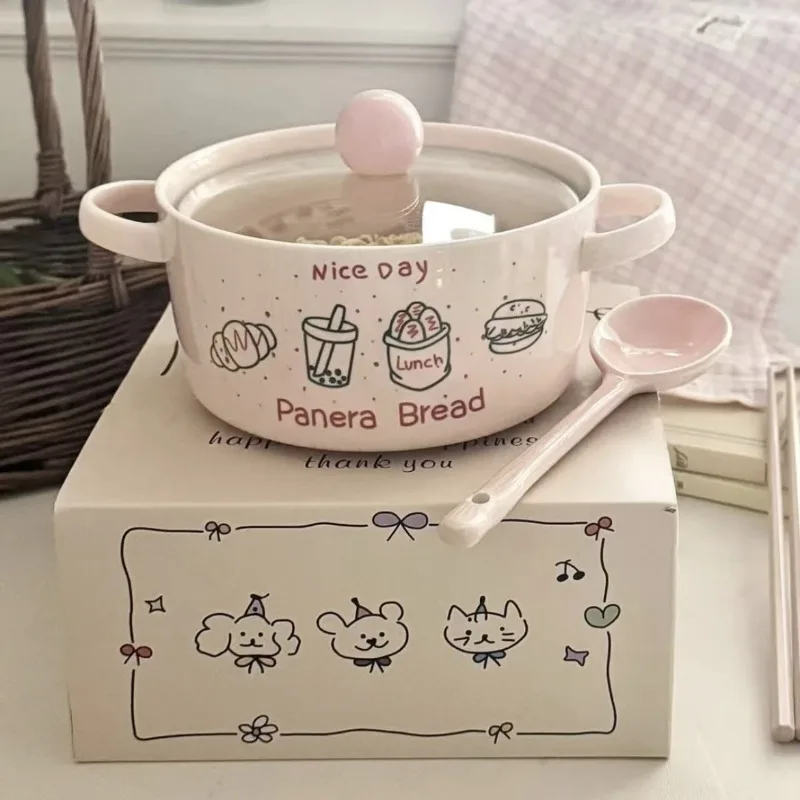 

Cartoon Kawaii Ins Style High Beauty Household Bowl Spoon Ceramic Tableware Rice Bowl Plate Home Companion Gift Bowl Set