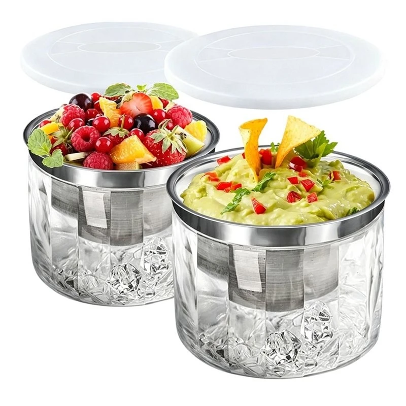 T19C 2 Pcs Chilled Dip Bowl, Ice Serving Bowl With Lid For Parties, Cold Serving Dish For Hummus, Salsa, Guacamole, Sauces