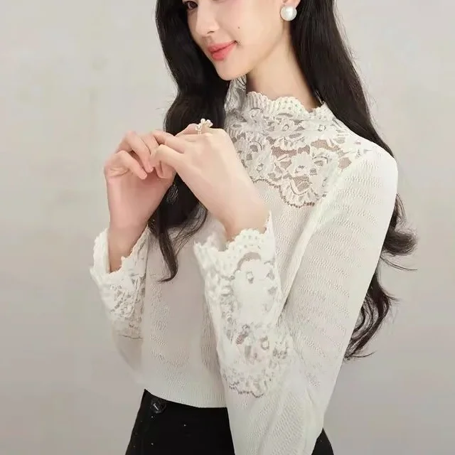 

Autumn Winter Lace Hollow out Long Sve Base Layer irt Soft Cozy Overhead Match All Soft Lace Knitted High Collar T Top