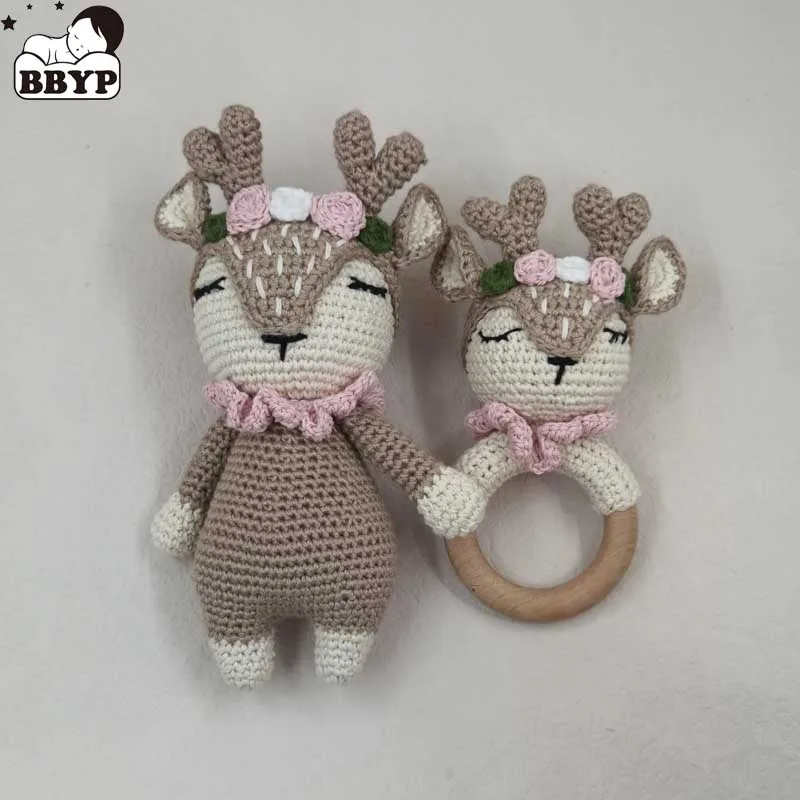 Crochet Baby Handmade Deer Elk Set grzechotka ząbkowany pierścień pluszowe zabawki lalki do spania prezenty na przyjęcie bociankowe