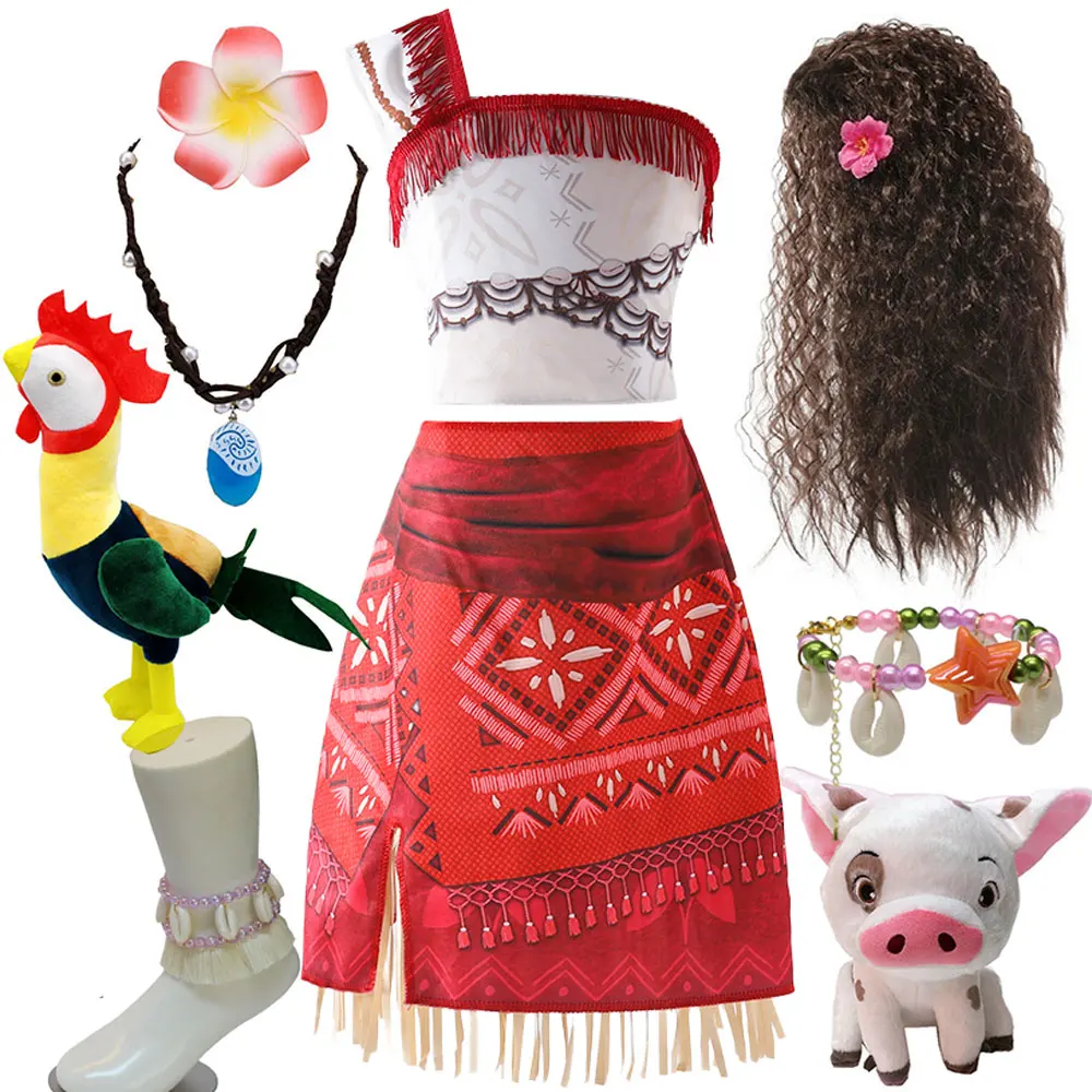 Disney Princess Dress Moana New Movie Moana 2 Same Style Dress New Printed Cute One-shoulder Dress + Accessories Pig Anklet Set