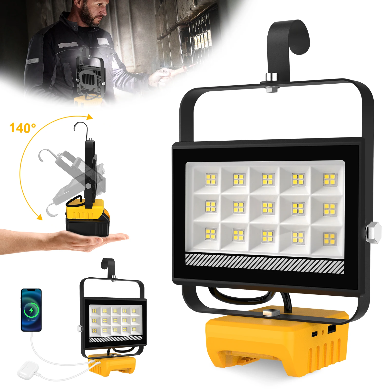 6000LM 60LEDS Portable 60W LED Work Light With Hooks Adjustable Base Rechargeable LED Flood Light for DeWalt No Battery