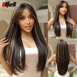 Highlight Dark Brown Long Straight Natural Hair Wigs for Women Mixed Blonde Golden Synthetic Fiber Wigs Heat Resistant Daily Use