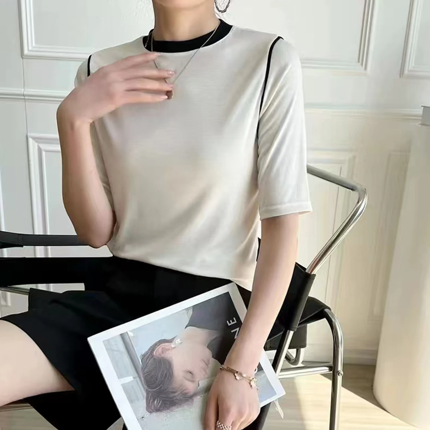 100 Percent Wool Knitted Tshirt Women Summer Round Neck Contrast Color Thin Loose Top Pullover Short Sleeve Base Sweater T-shirt