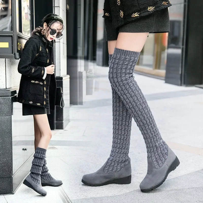 

2025 Autumn and Winter New Fashion Knitted Wool High Socks Boots for Women Wedges Over The Knee Long Elastic Skinny Boots