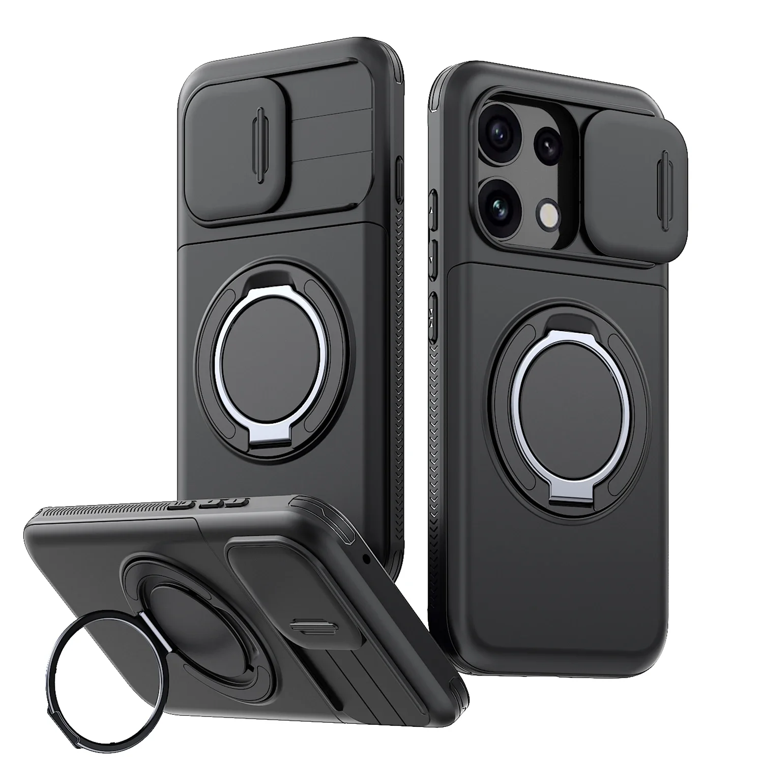 Sliding Lens Protection Hidden Card Slot Shockproof Case For OPPO Reno 16c 16F Reno16 FS Metal Ring Stand TPU Plastic Back Cover